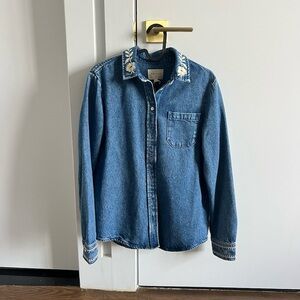 Sezane Blue Denim Shirt with Embroidered Collar
